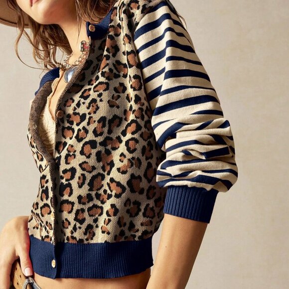 Casual Women's Leopard & Striped Pattern Front Button Long Sleeve cardigan - Picture 2 of 7